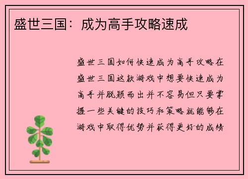 盛世三国：成为高手攻略速成